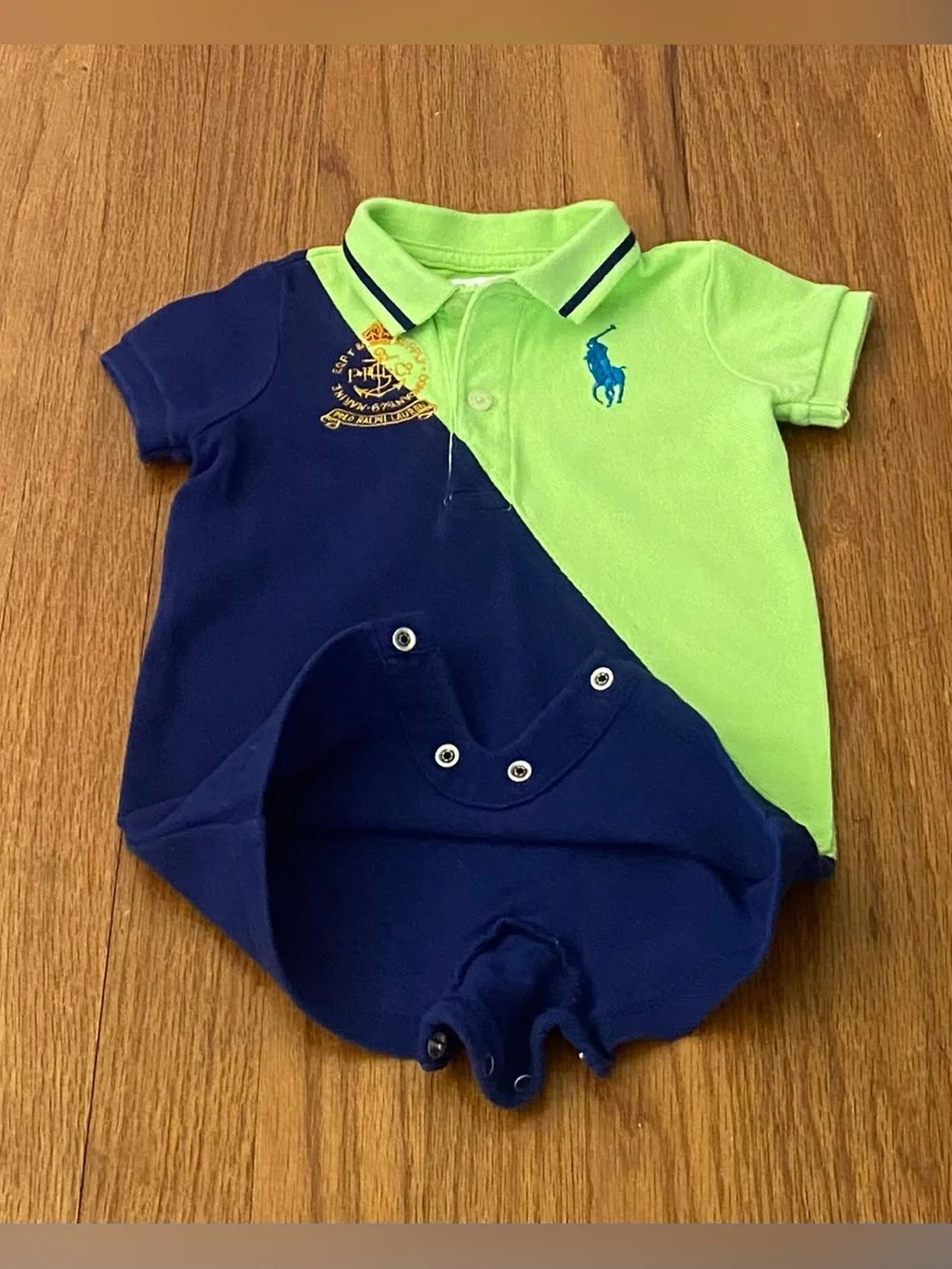 Ralph Lauren Navy and Lime Diagonal Polo Romper